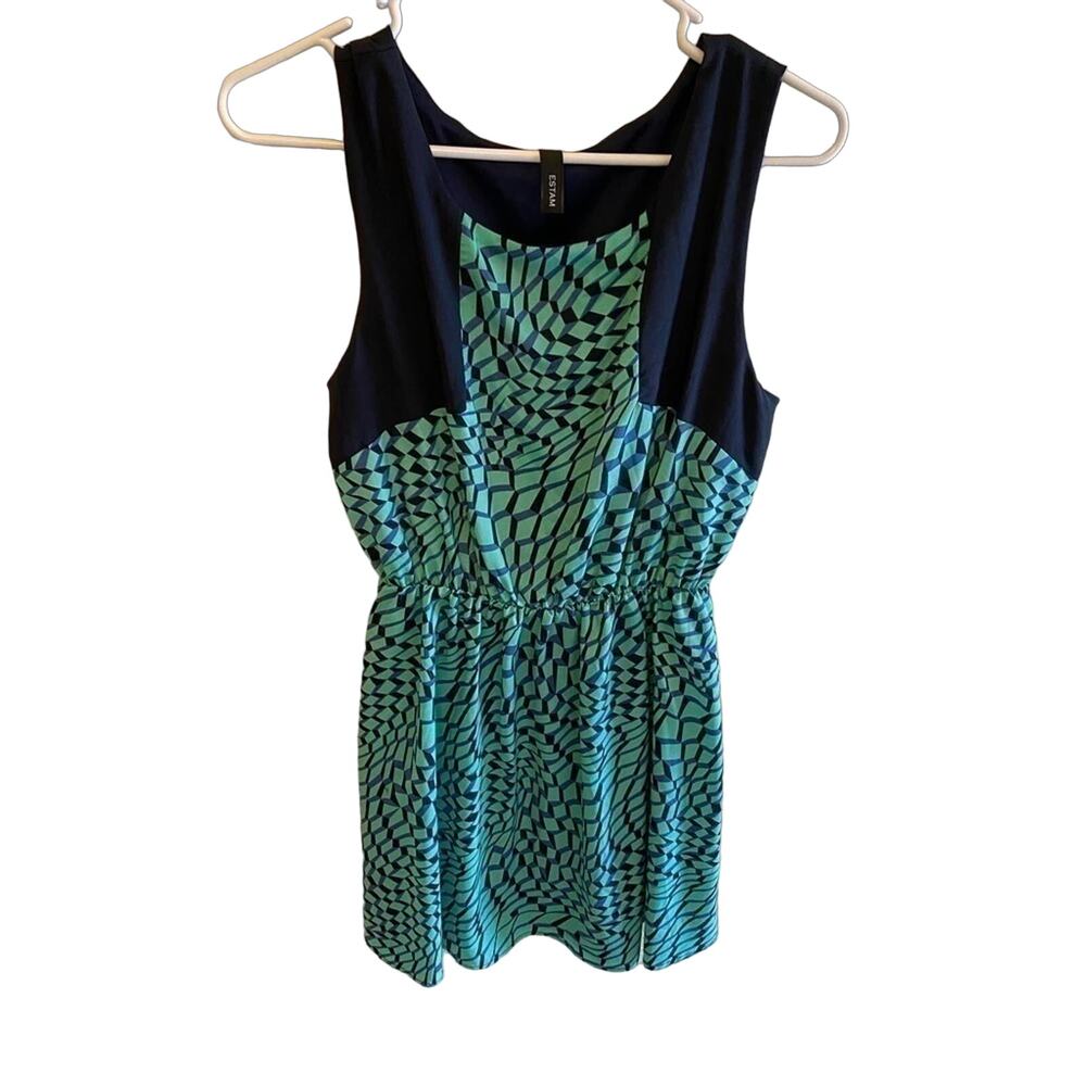 Estam Blue Green Sleeveless Round Neck Lightweight A-Line Mini‎ Dress USA Size M